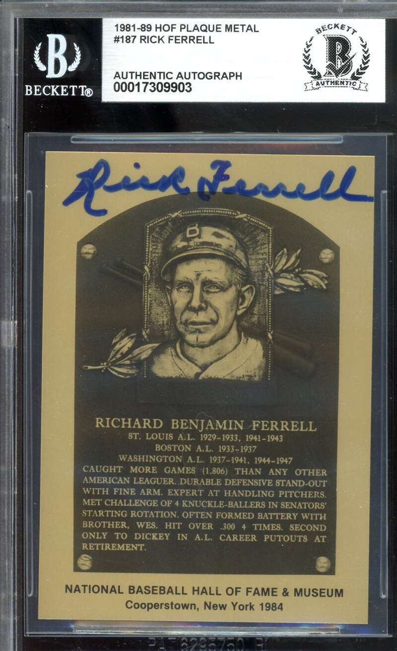 Rick Ferrell Beckett BAS Signed 1981-89 Metallic Hall Of Fame Plaque Autograph