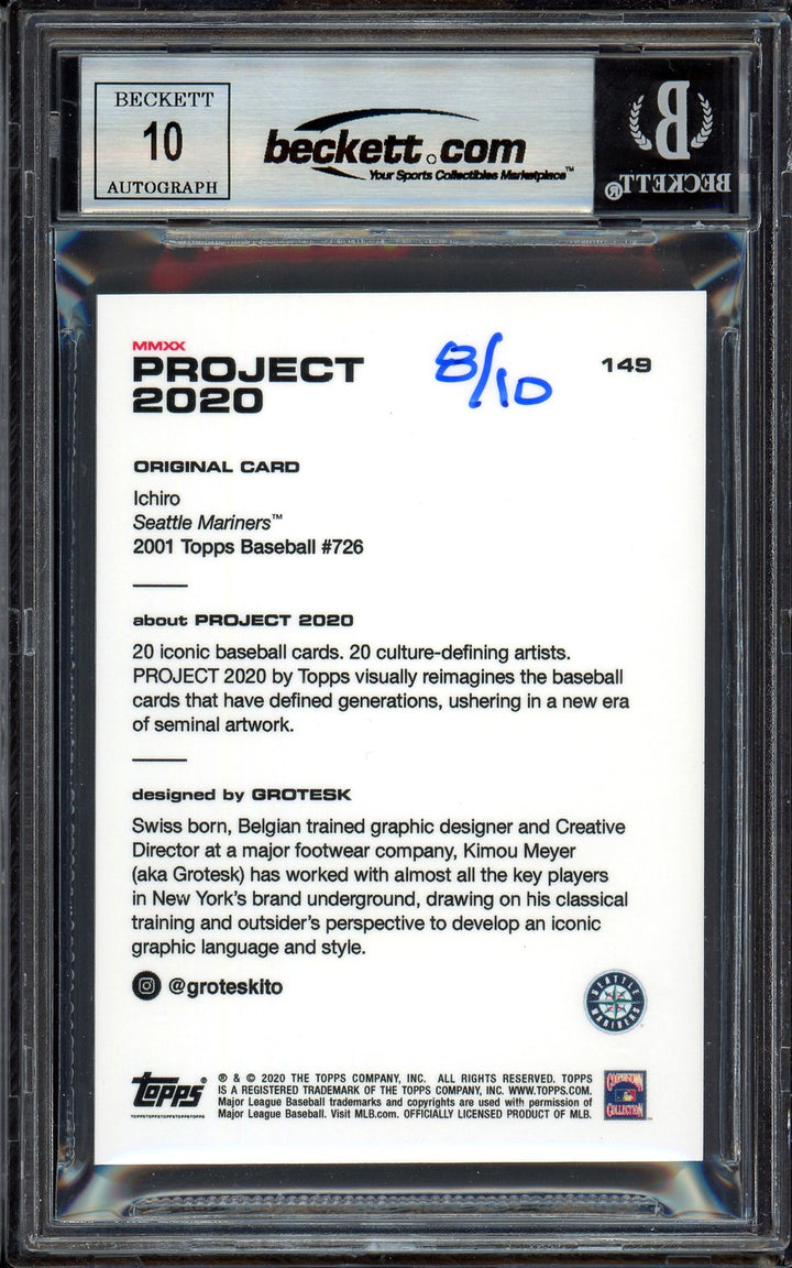 Ichiro Suzuki Auto Topps Project 2020 Grotesk Card 149 Sig 10 Black 8/10 Beckett