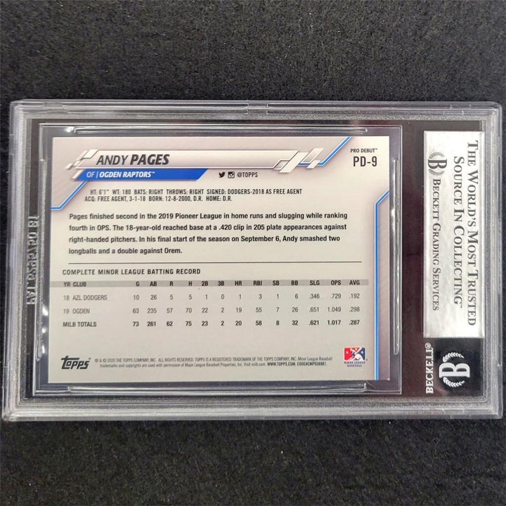 Andy Pages signed 2020 Topps Pro Debut Dodger RC rookie card BAS Beckett witness