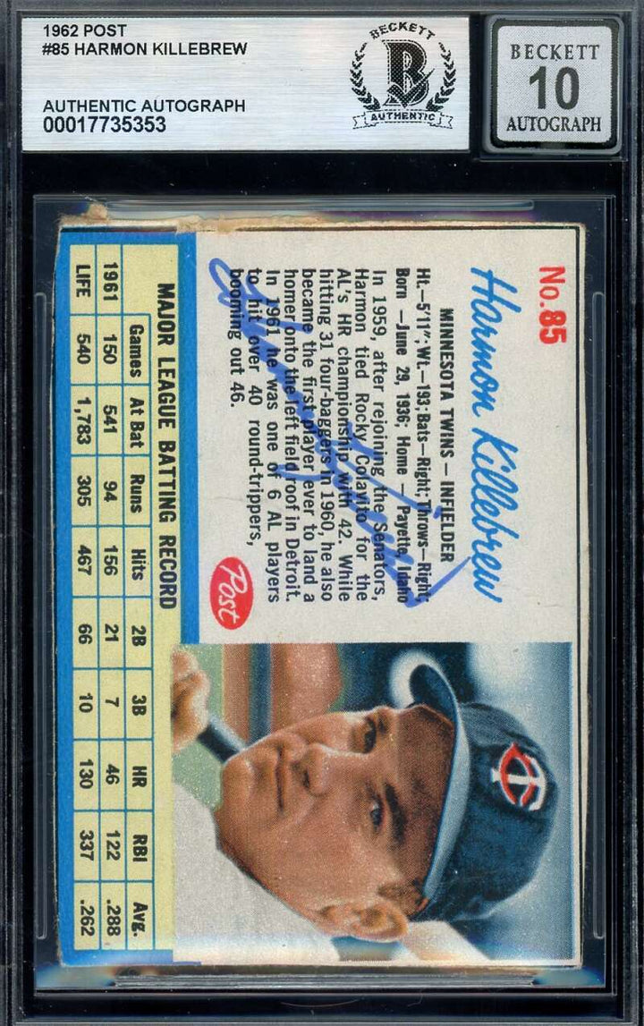 Harmon Killebrew Gem Mint 10 Beckett BAS Signed 1962 Post Autograph