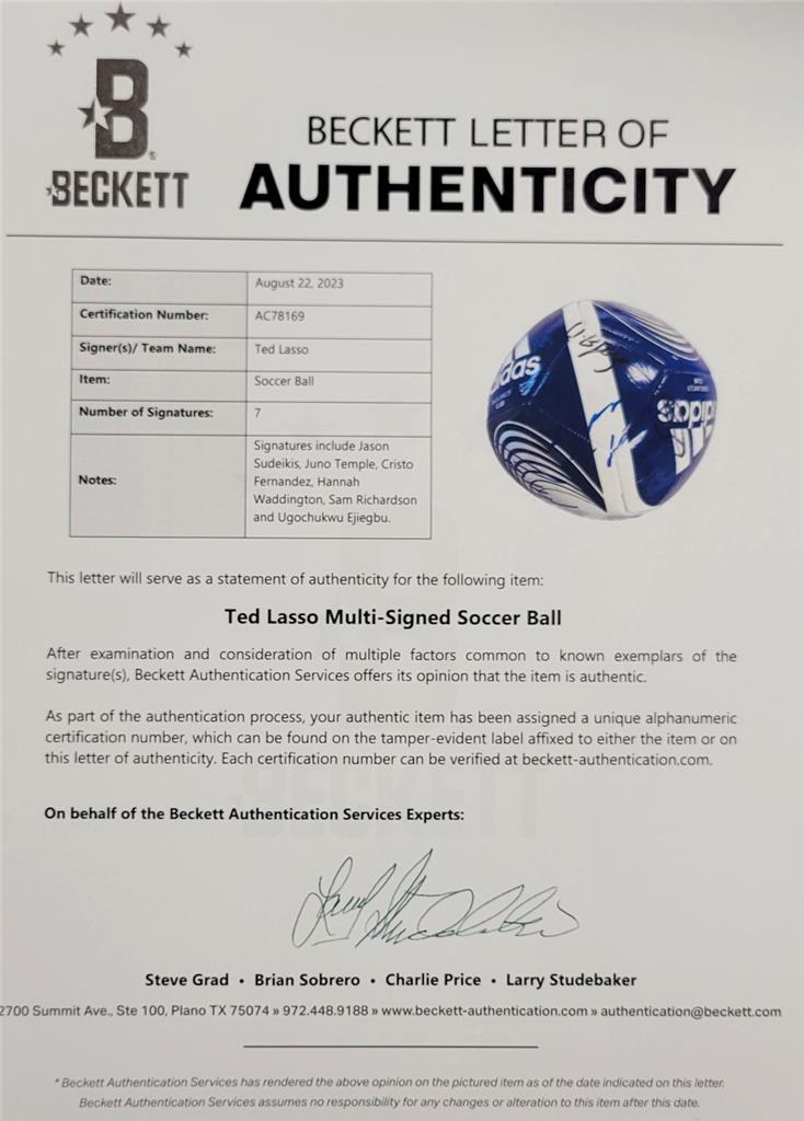 Ted Lasso Cast signed Soccer Ball Sudeikis Waddington 7 autographs Beckett BAS