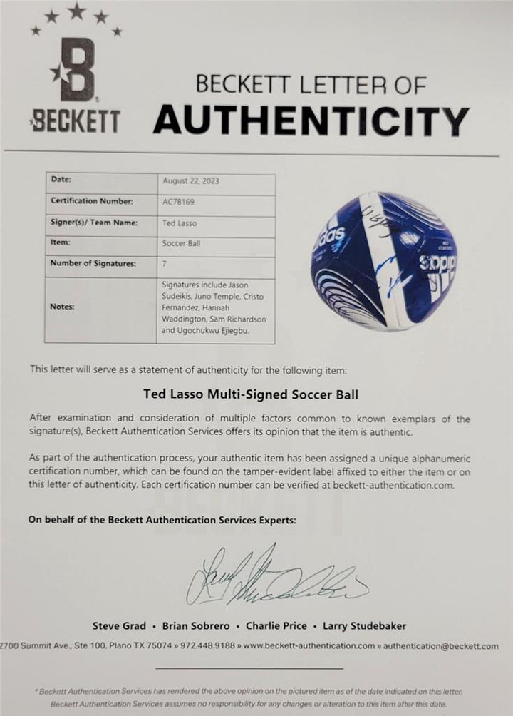 Ted Lasso Cast signed Soccer Ball Sudeikis Waddington 7 autographs Beckett BAS