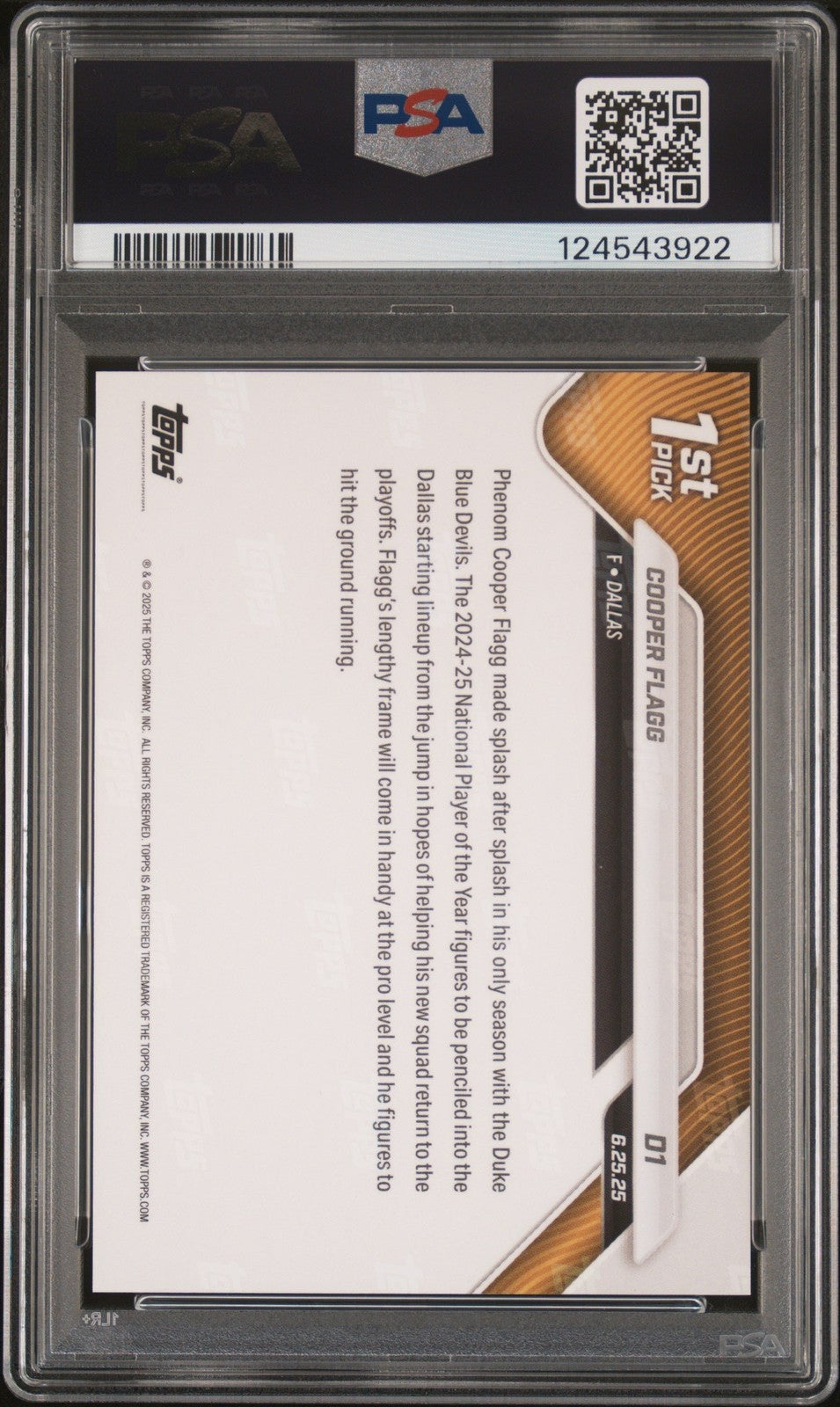 Graded 2025 Topps Now Cooper Flagg #D1 Draft Rookie RC Card PSA 10