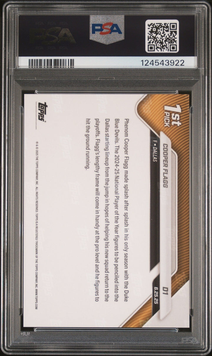 Graded 2025 Topps Now Cooper Flagg #D1 Draft Rookie RC Card PSA 10
