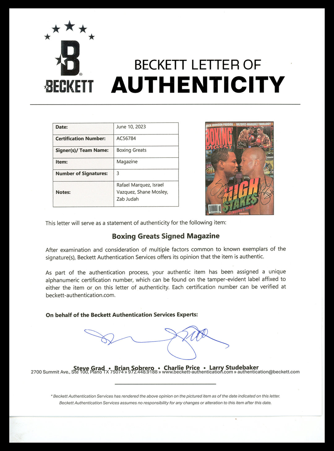 Boxing Legends Autographed Boxing Digest Magazine 4 Sigs Shane Mosley Beckett