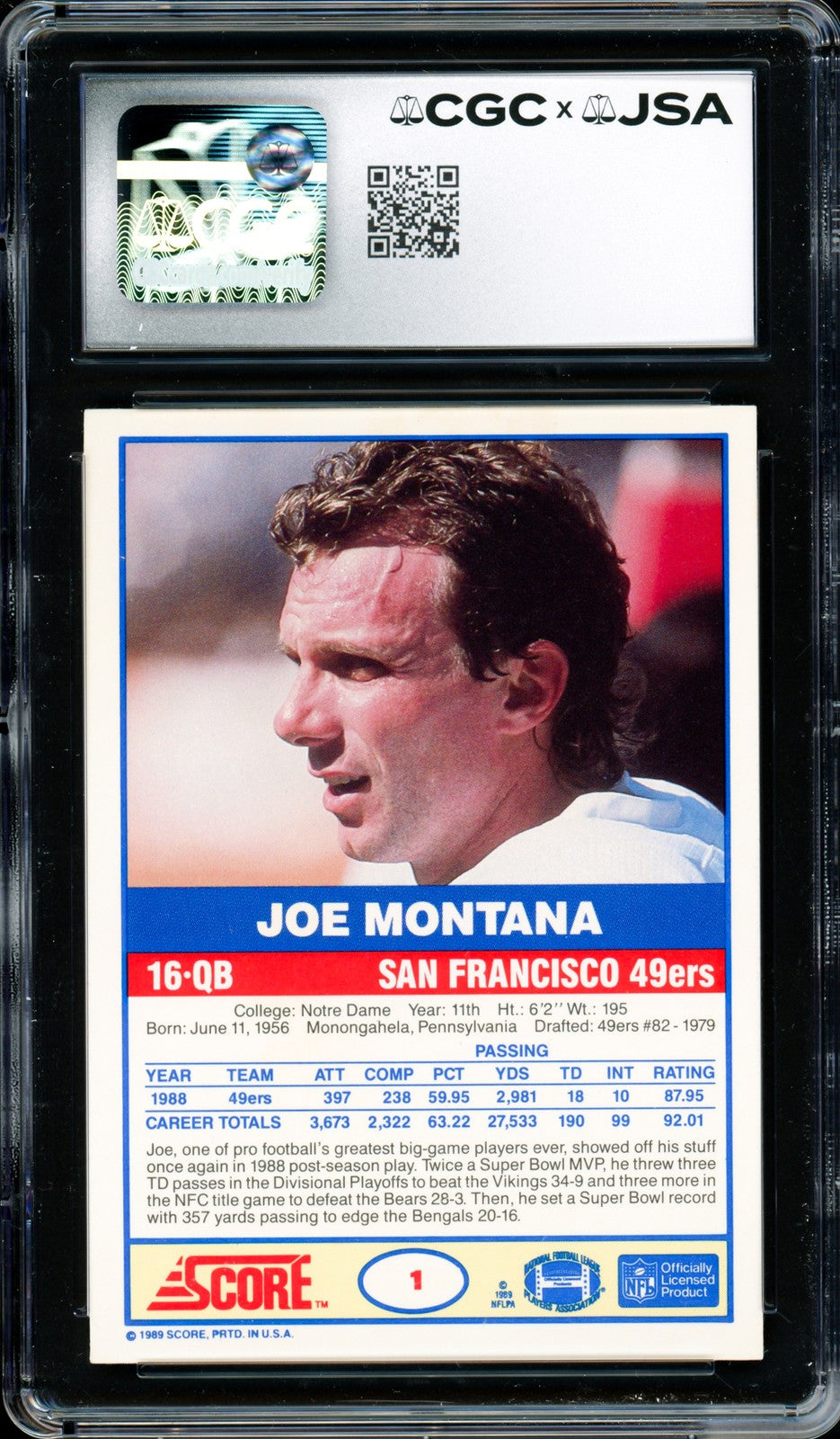 Joe Montana Signed 1989 Score Card #1 49ers CGC x JSA 9 Auto 10 CGC x JSA
