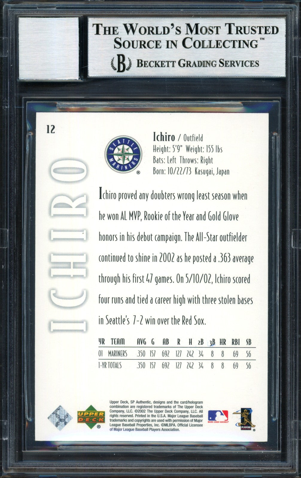 Ichiro Suzuki Auto 2002 SP Authentic Card 12 Mariners Auto 10 Beckett #12491039