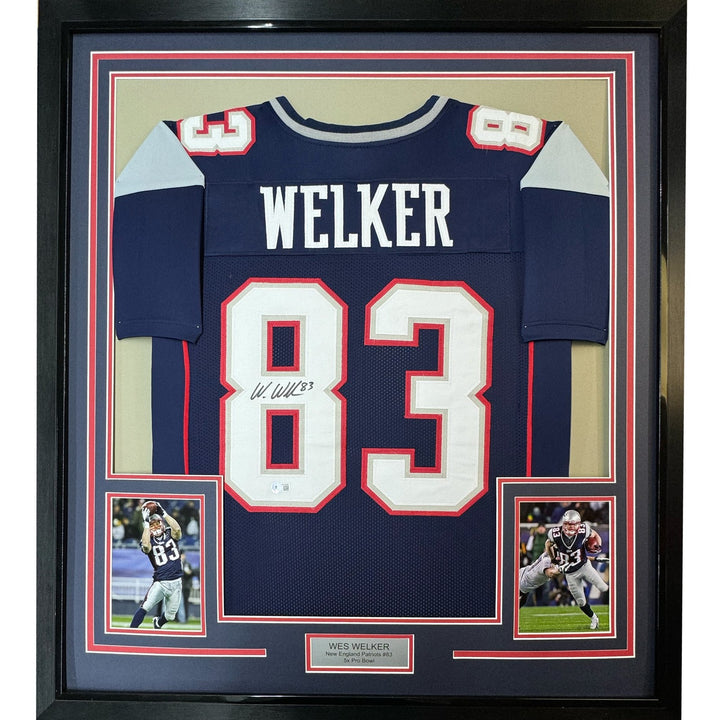 Framed Autographed/Signed Wes Welker 35x39 New England Blue Jersey BAS COA