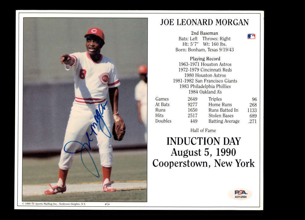 Joe Morgan PSA DNA Signed 8x10 Photo Autograph Reds