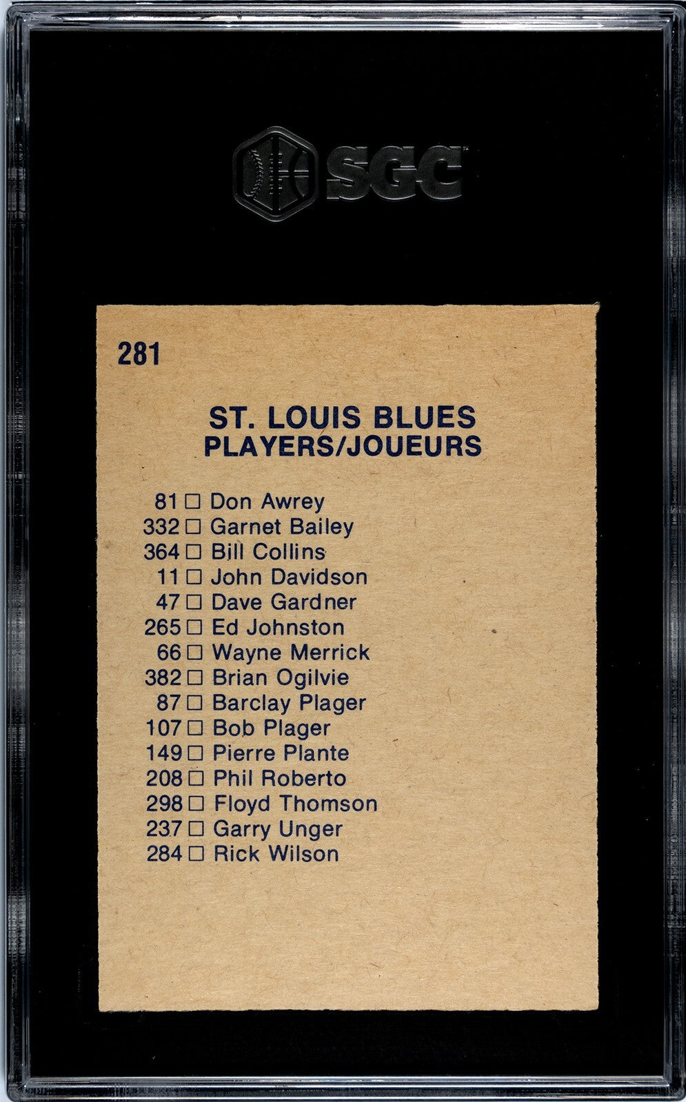 1974-75 O-Pee-Chee St. Louis Blues Team Checklist NHL Card #281- SGC Graded 8