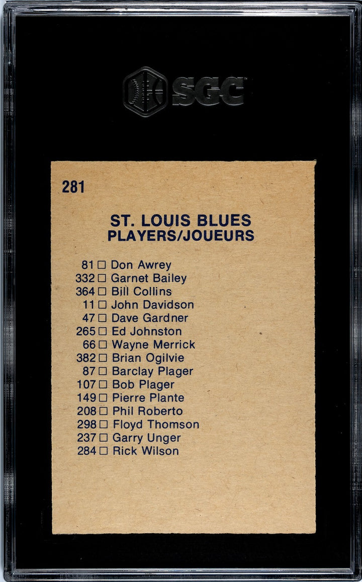 1974-75 O-Pee-Chee St. Louis Blues Team Checklist NHL Card #281- SGC Graded 8