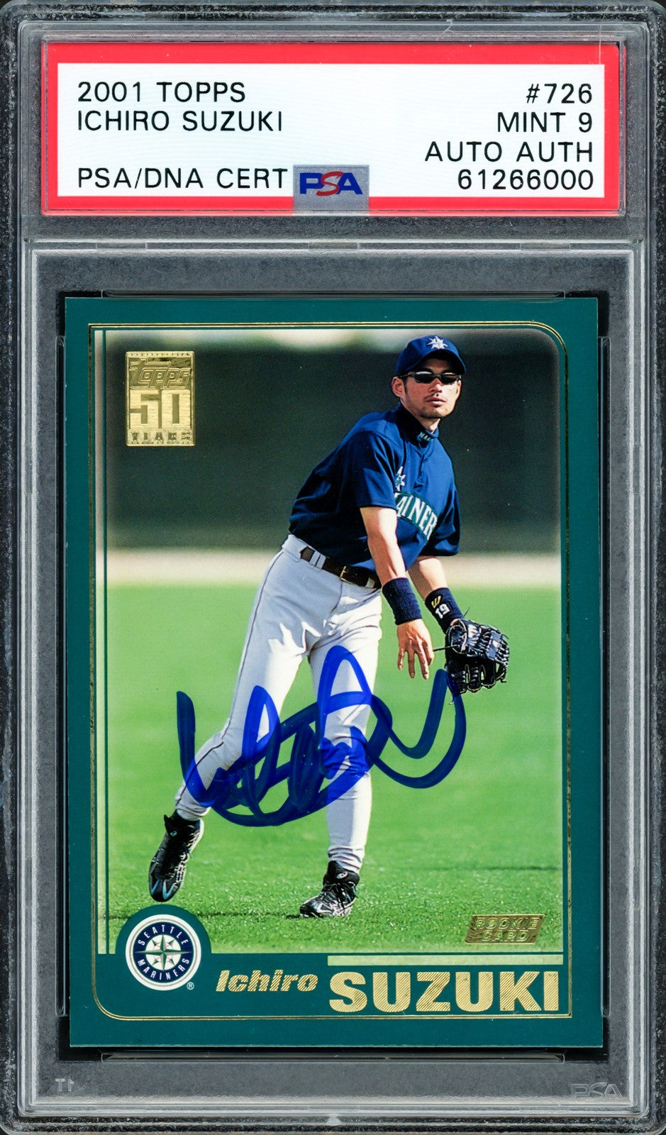 Ichiro Suzuki Signed 2001 Topps RC 726 Seattle Mariners PSA 9 PSA/DNA