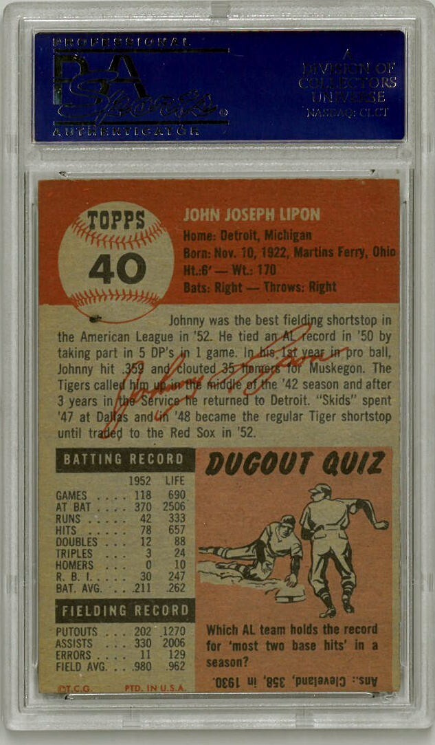 John Lipon 1953 Topps Baseball Card #40- PSA Graded 6 EX-MT (Boston Red Sox)