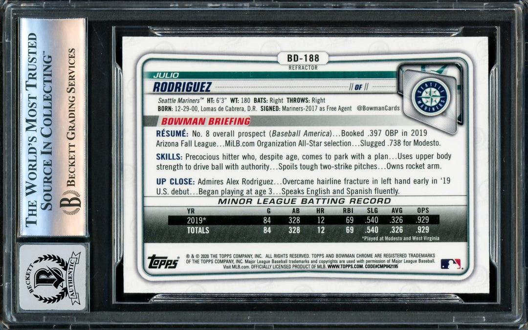 Julio Rodriguez Auto 2020 Bowman Chrome Draft Refractors Card BD188 Sig 10 BAS