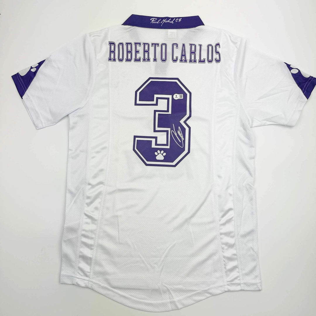 Autographed/Signed Roberto Carlos Real Madrid White Soccer Jersey Beckett COA