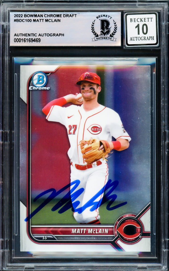 Matt McLain Signed 2022 Bowman Chrome Draft RC BDC100 Reds Auto GM 10 Beckett