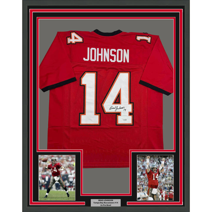 Framed Autographed/Signed Brad Johnson 35x39 Tampa Bay Red Jersey Beckett COA