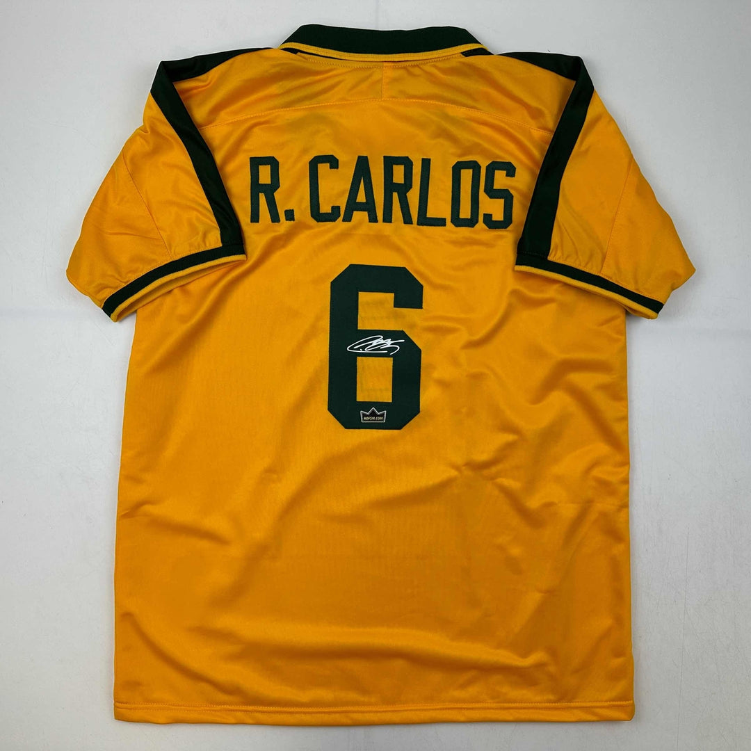 Facsimile Autographed Roberto Carlos Brazil Yellow World Cup Reprint Jersey XL