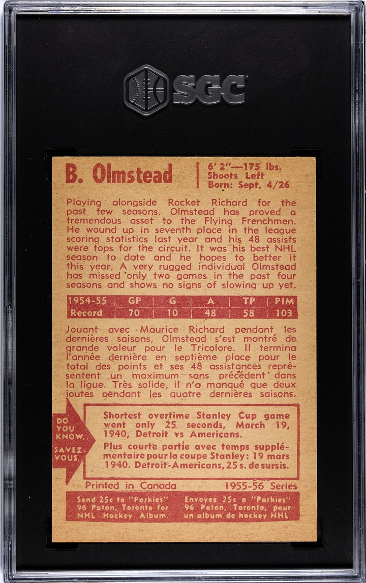 Bert Olmstead 1955-56 Parkhurst NHL #42- SGC Slabbed Authentic Trim Canadiens