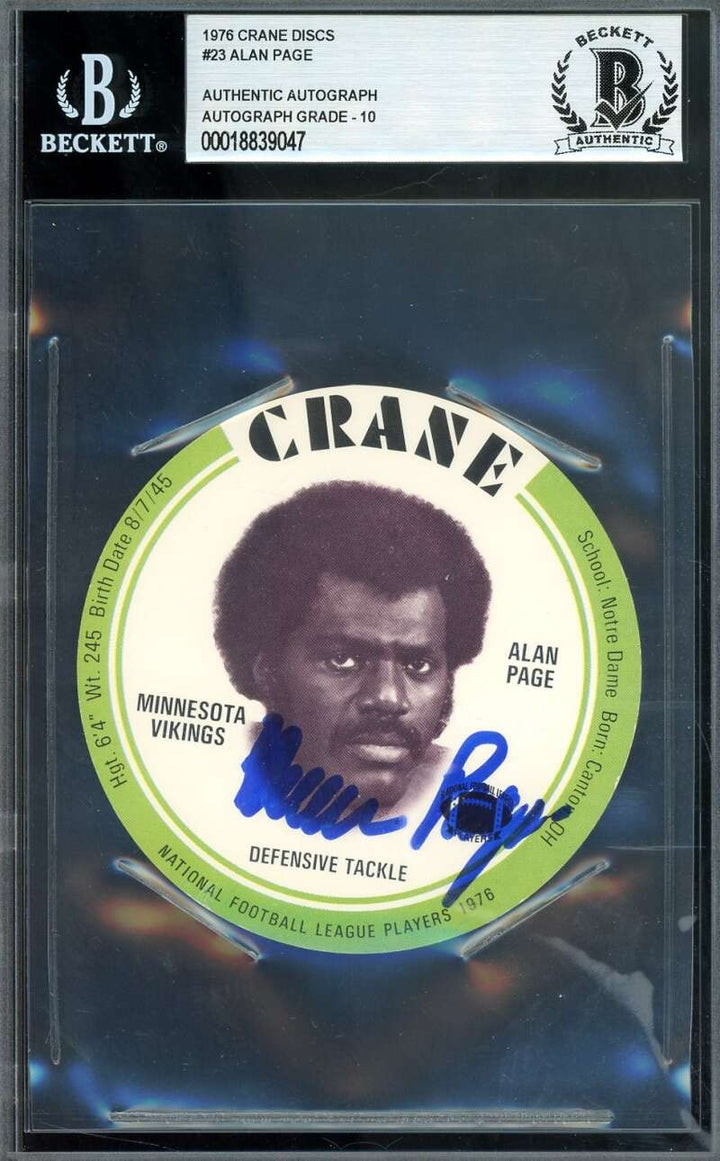 Alan Page Gem Mint 10 Beckett BAS Signed 1976 Crane Discs Autograph