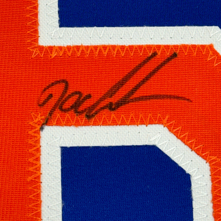 FRAMED Autographed/Signed DWIGHT DOC GOODEN 33x42 New York Blue Jersey JSA COA