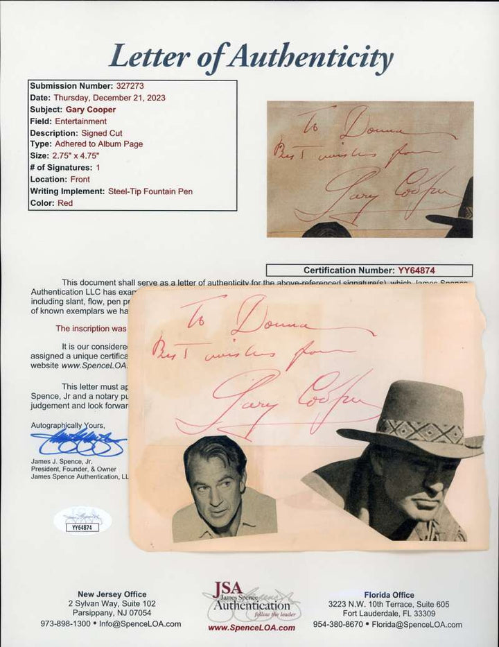 Gary Cooper Jack Carson JSA LOA Signed Vintage Album Page Autograph