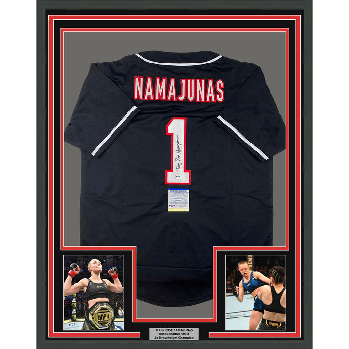 Framed Autographed/Signed Thug Rose Namajunas 33x42 Jersey Shirt PSA/DNA COA