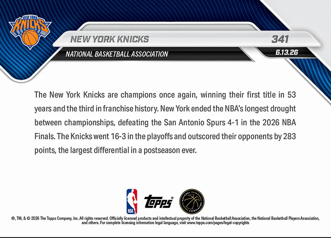 2025 Topps Now New York Knicks #341 Basketball Card