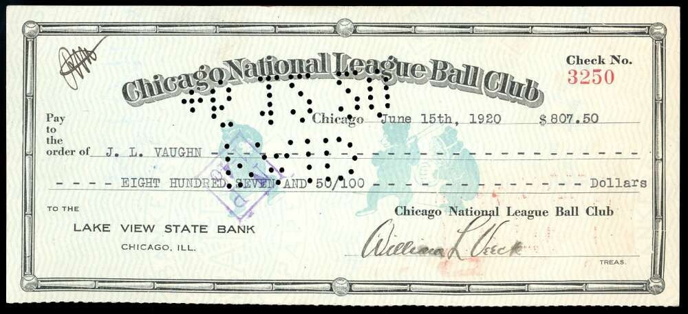 Bill Veeck Hippo Vaughn PSA DNA Loa Signed by 3 1920  Chicago Cubs Check Auto