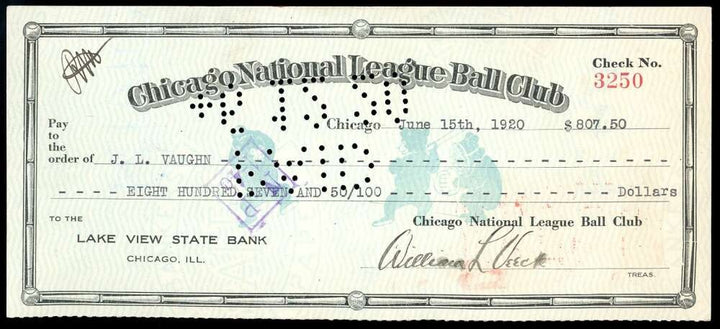 Bill Veeck Hippo Vaughn PSA DNA Loa Signed by 3 1920  Chicago Cubs Check Auto