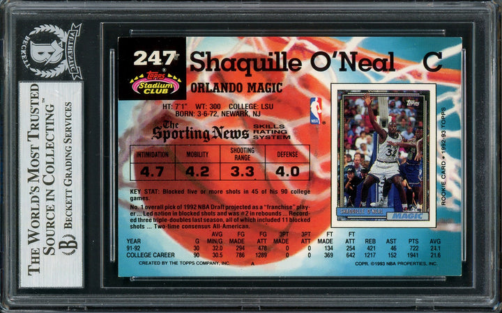Shaquille Shaq O'Neal Signed 1992-93 Stadium Club RC 247 Magic Beckett #13020282