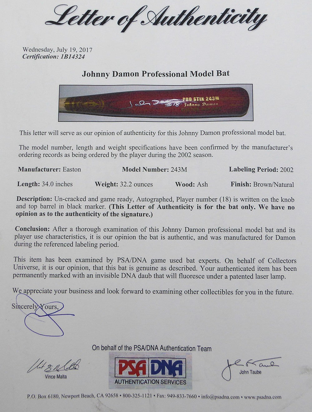 Johnny Damon Signed Easton 2002 Game Issued Stix Bat Boston Red Sox PSA #1B14324