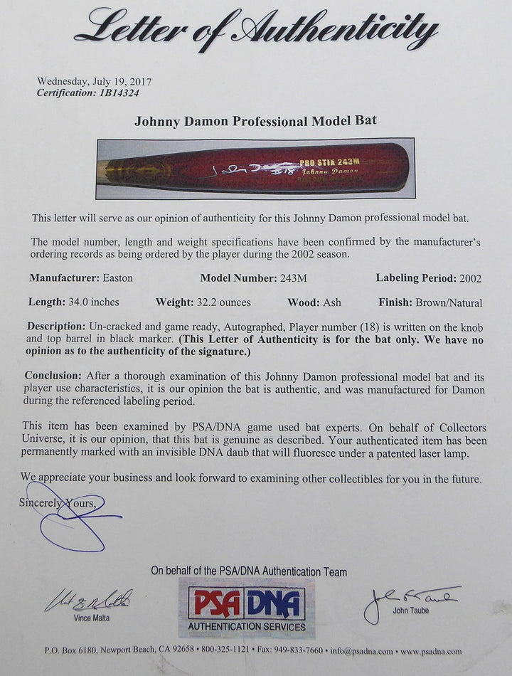 Johnny Damon Signed Easton 2002 Game Issued Stix Bat Boston Red Sox PSA #1B14324