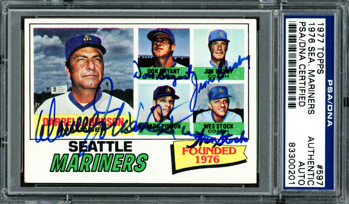 Mariner Coaches Auto 1977 Topps Card 597 Mariners Auto By All 5 PSA/DNA 83300201