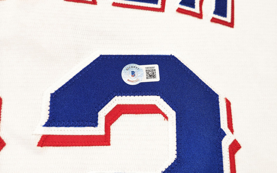 Rangers Evan Carter Signed White Nike Jersey Size XLT "23 WS Champs" Beckett Wit