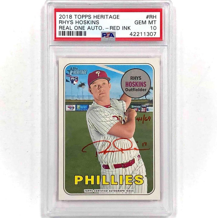 2018 Topps Heritage RC Rhys Hoskins autograph Real One Red Auto rookie/69 PSA 10