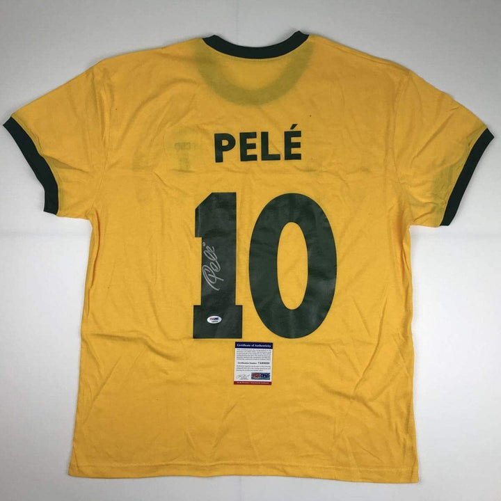 Autographed/Signed PELE Brazil Yellow Soccer Futbol Jersey PSA/DNA COA Auto #2