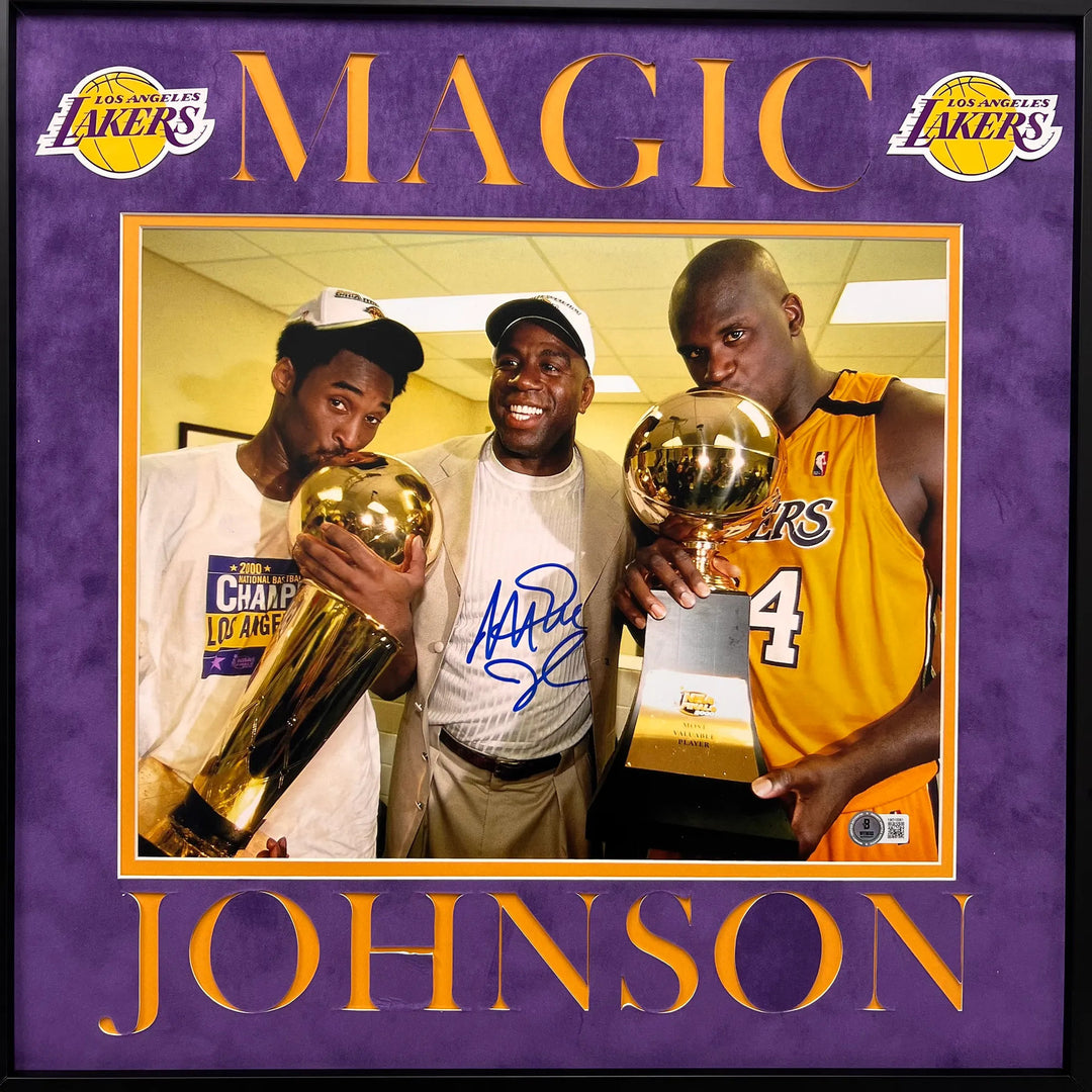 Magic Johnson Custom Framed Display LA Lakers Signed Basketball 11x14 Photo BAS