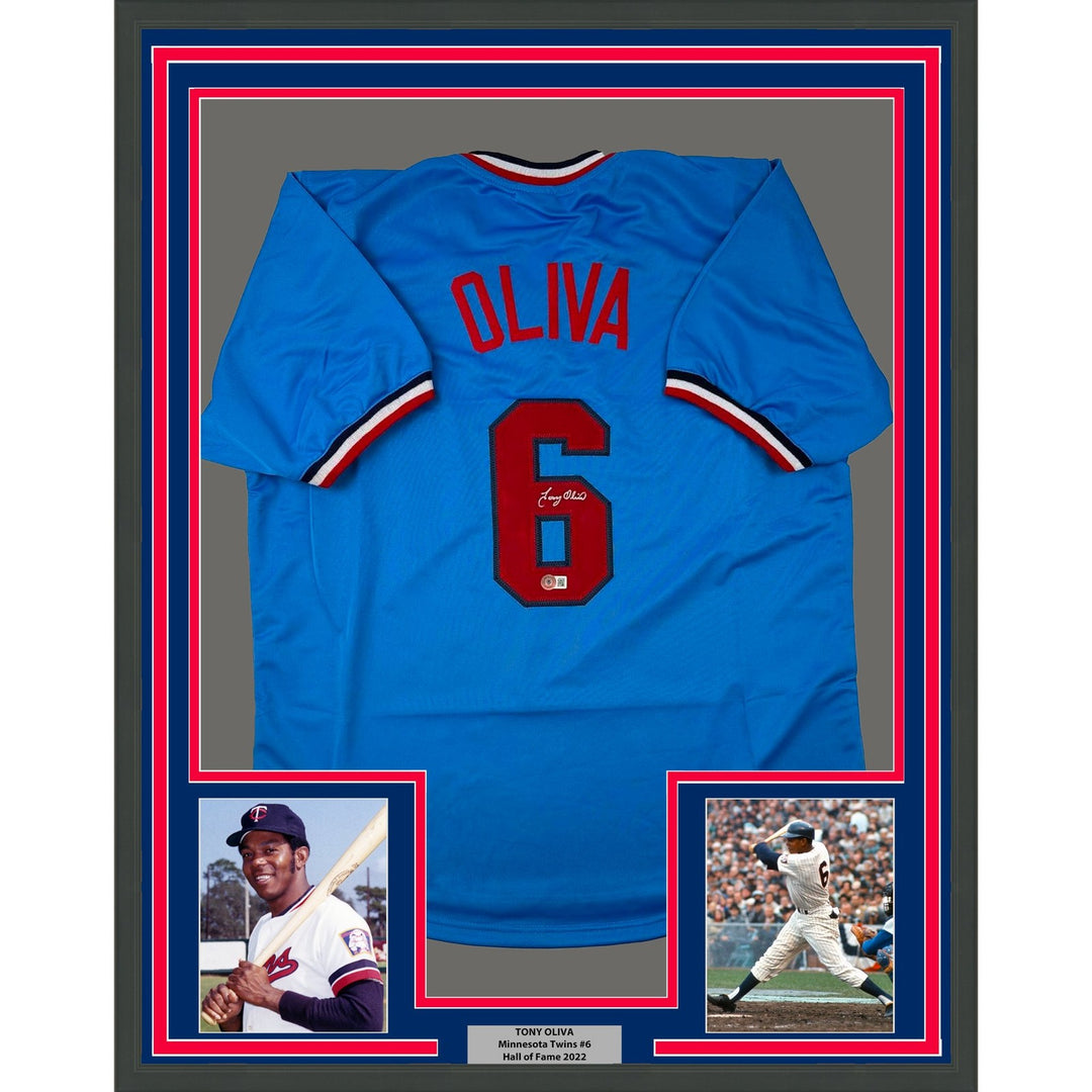 Framed Autographed/Signed Tony Oliva 35x39 Minnesota Light Blue Jersey COA