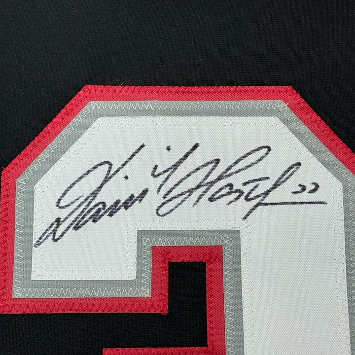 Framed Autographed/Signed Dominik Hasek 35x39 Buffalo Black Jersey BAS COA