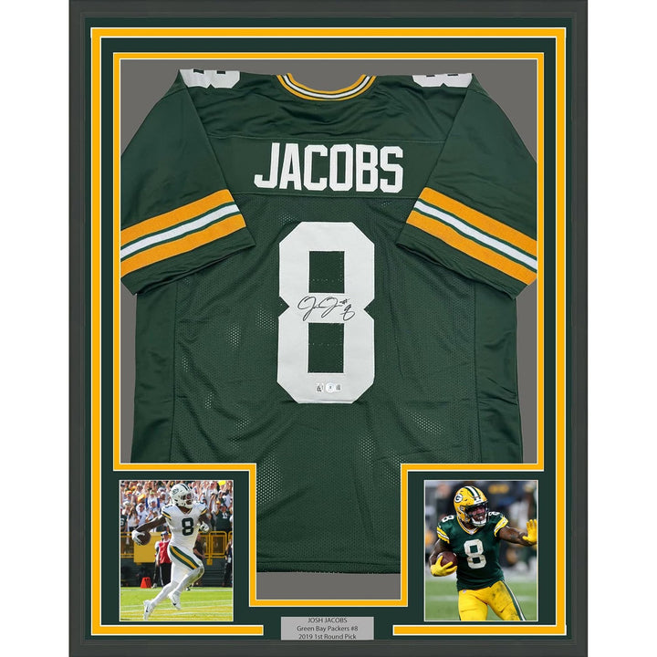Framed Autographed/Signed Josh Jacobs 35x39 Green Bay Green Jersey BAS COA