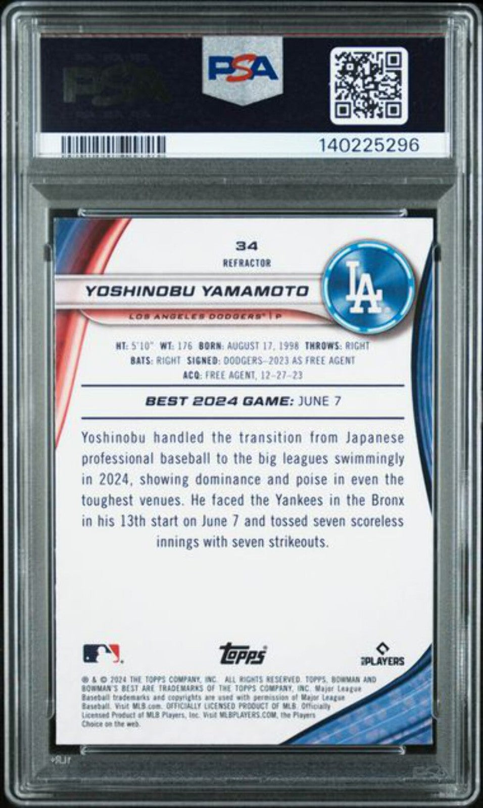 Graded 2024 Bowmans Best Yoshinobu Yamamoto #34 Refractor Rookie Card PSA 10