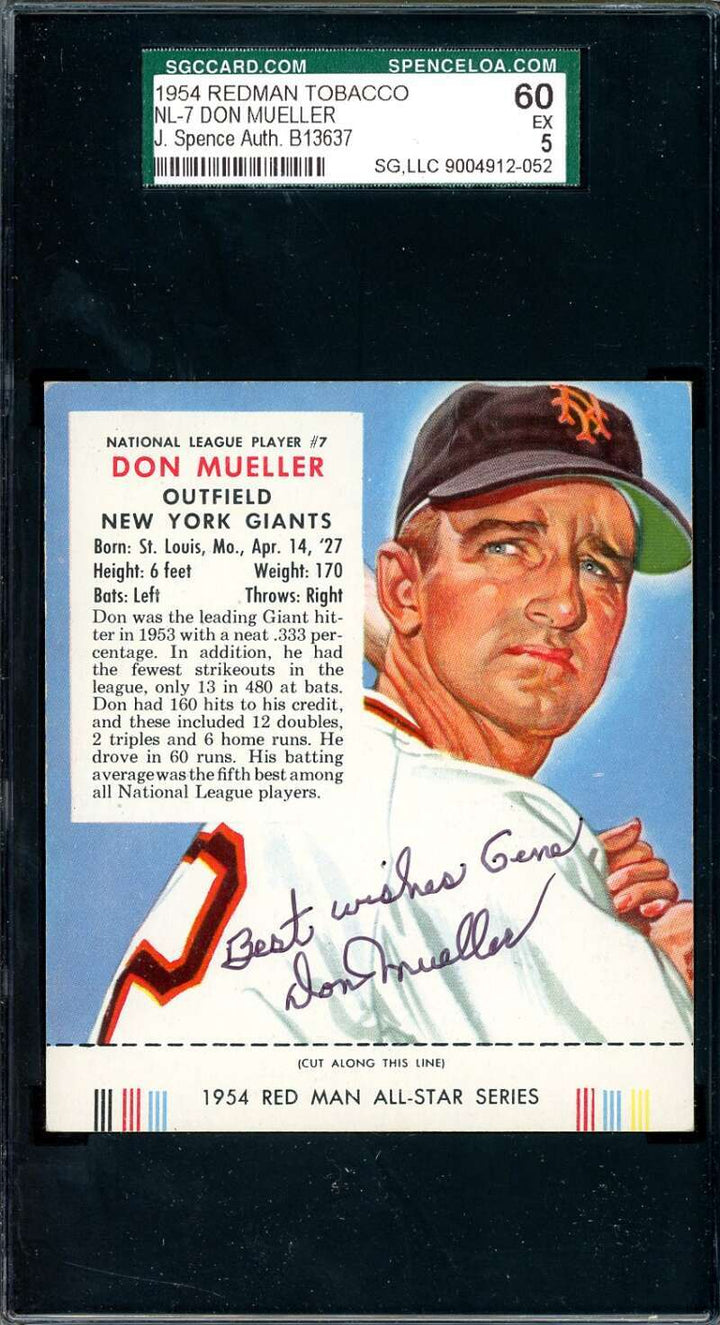 Don Mueller JSA SGC Coa Signed 1954 Red Man Tobacco With Tab Autograph