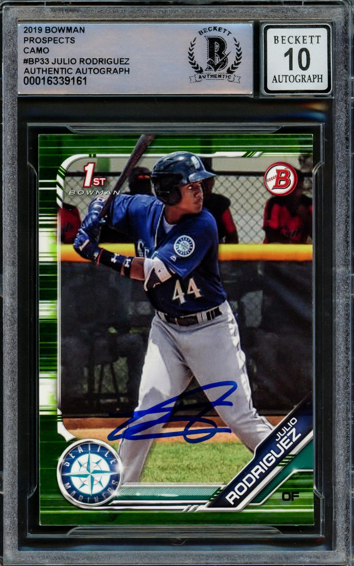 Julio Rodriguez Auto 2019 Bowman Camo Green RC BP33 Mariners Auto GM 10 Beckett