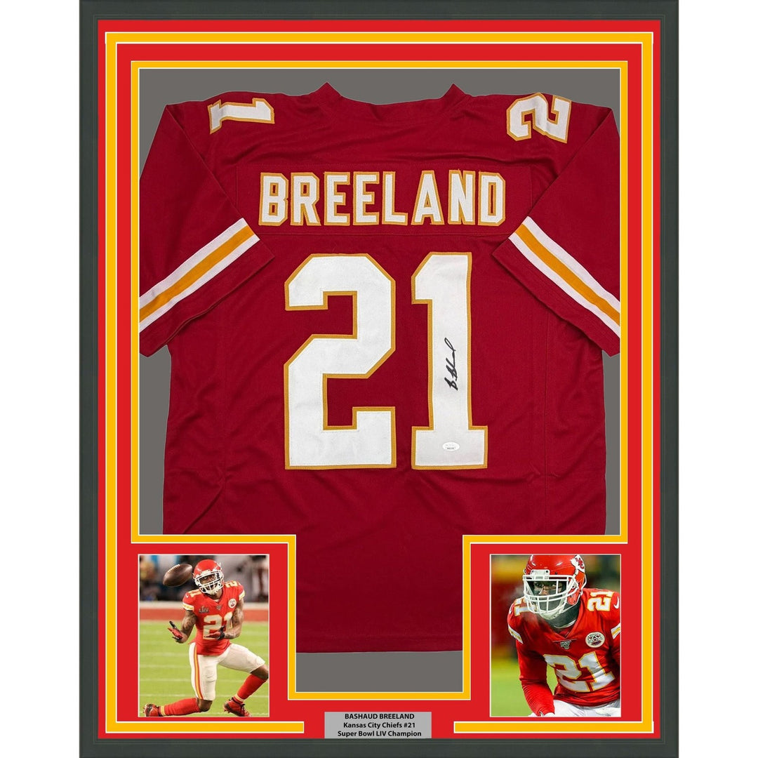 Framed Autographed/Signed Bashaud Breeland 35x39 KC Red Jersey JSA COA