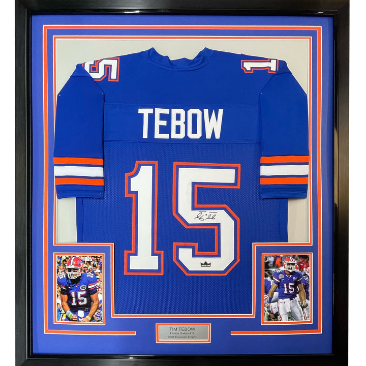 Framed Facsimile Autographed Tim Tebow 33x42 Blue Reprint Laser Auto Jersey