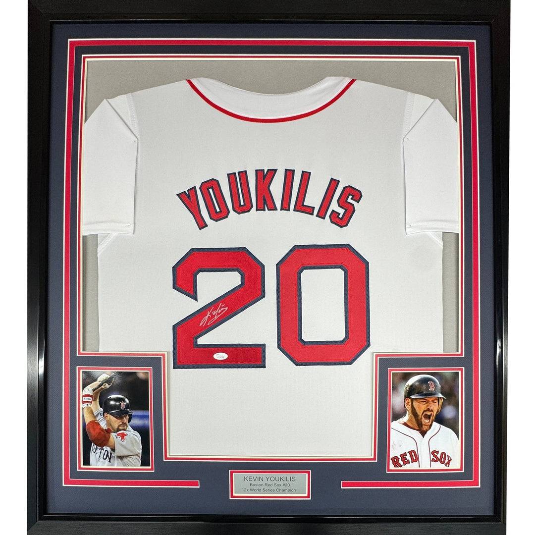 FRAMED Signed KEVIN YOUKILIS 35x39 Boston White Jersey JSA COA Auto