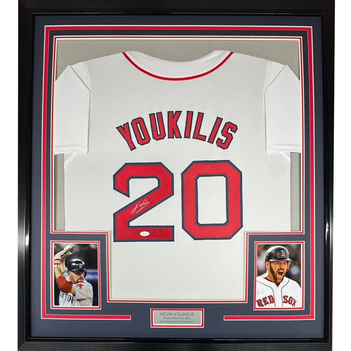 FRAMED Signed KEVIN YOUKILIS 35x39 Boston White Jersey JSA COA Auto