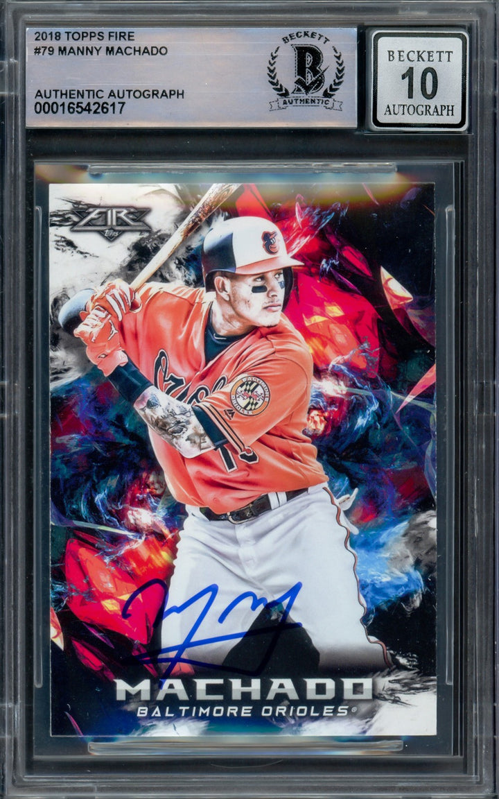 Manny Machado Signed 2018 Topps Fire Card 79 Orioles Auto GM 10 Beckett