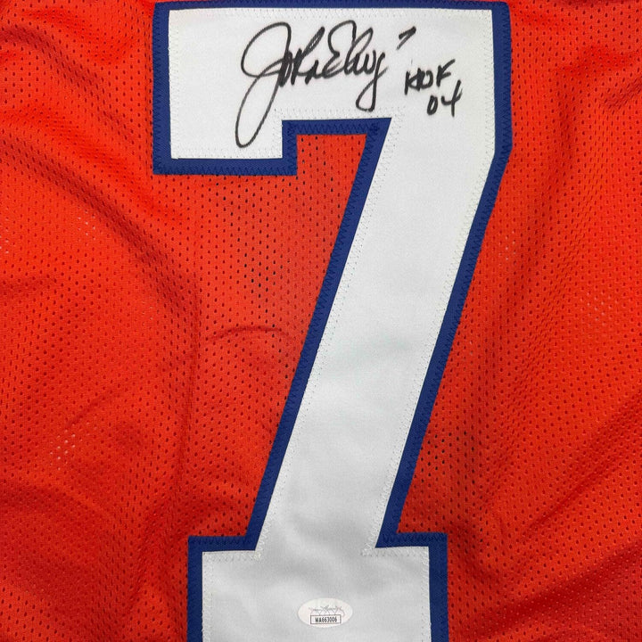 Framed Autographed/Signed John Elway 35x39 Denver Orange Retro Jersey JSA COA
